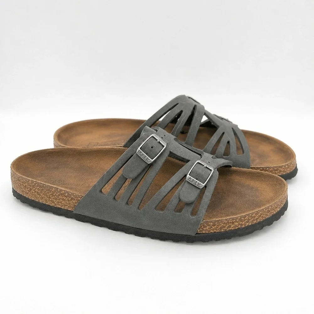 Birkenstock Womens Granada Sandals 42 Gray Black Leather Buckle Slide Cutout
